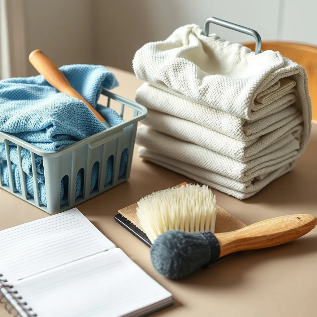 Folded microfiber cloths and an unbranded cleaning caddy beside a blank notebook on a worktable