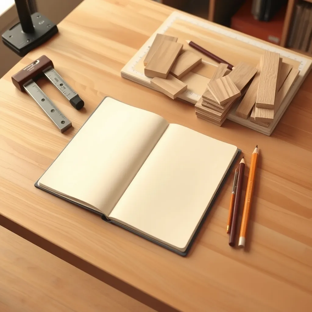 A carpenter's square, timber samples, pencils, and a blank notebook arranged on an office worktable