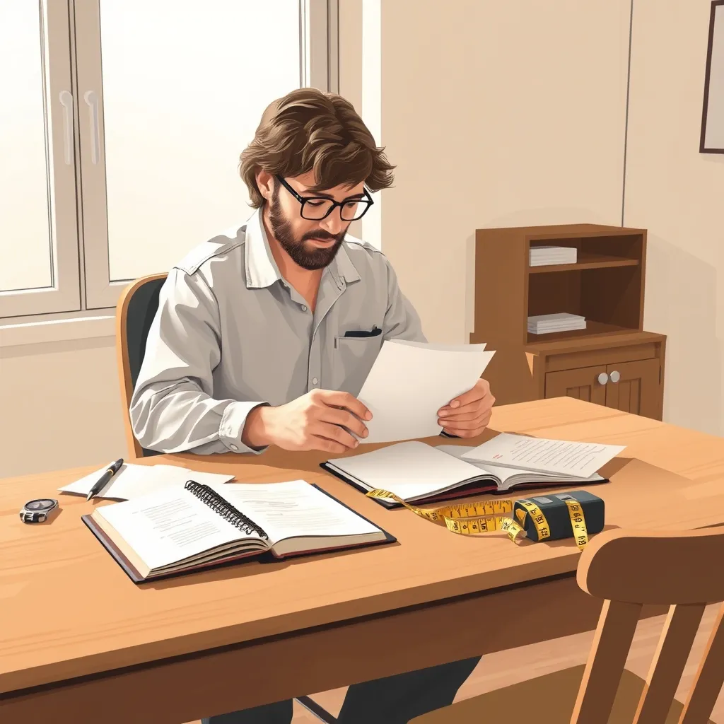 A home service business owner sorting blank cards beside a notebook and measuring tape