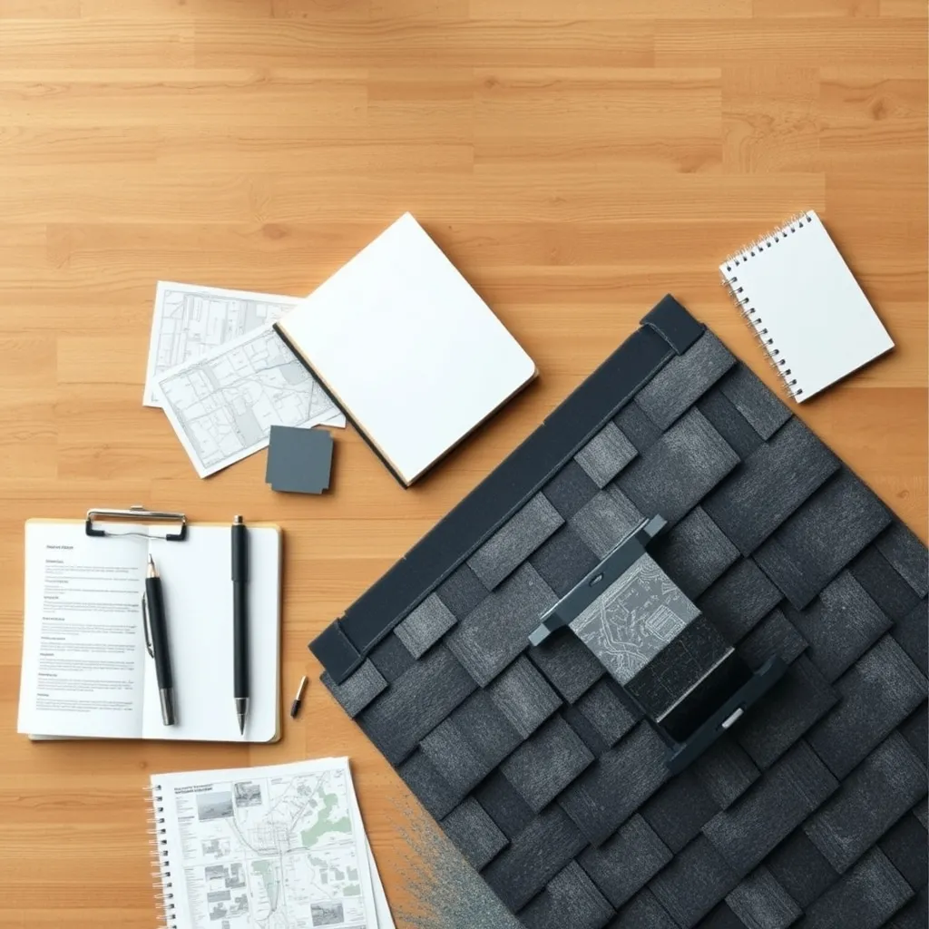 Roofing materials beside a blank folded map and notebook on a wooden office table