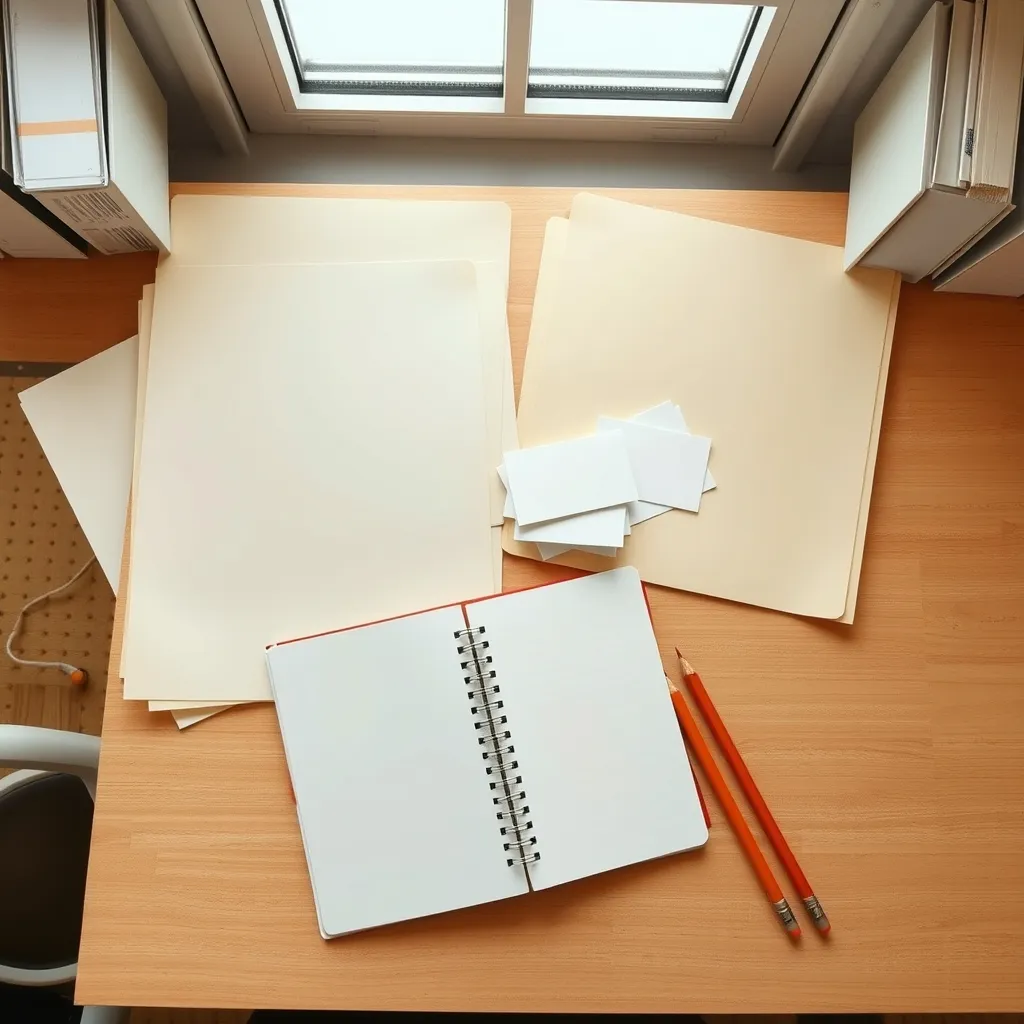 Plain folders, blank cards, a notebook, and pencils arranged on a small business office table